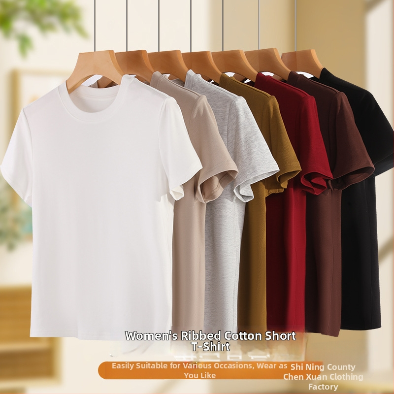 Ženski T shirt s kratim rukavima, okrugli izrez, uski kroj, viskoza-bavlna smjesa, jednobojan dizajn, japansko-korejski slobodno vrijeme stil