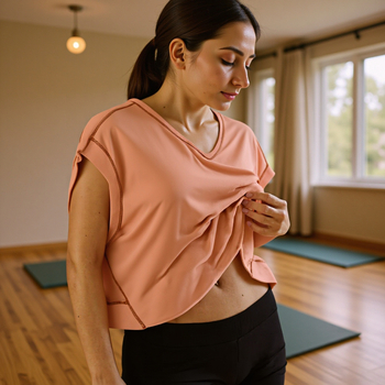 Ženska majica s V-izrezom, ležernog kroja, kratki rukavi, jednobojna, konopno-spandeks smjesa 50-70% konoplje, spandex do 30%