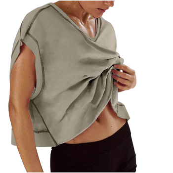 Ženska majica s V-izrezom, ležernog kroja, kratki rukavi, jednobojna, konopno-spandeks smjesa 50-70% konoplje, spandex do 30%