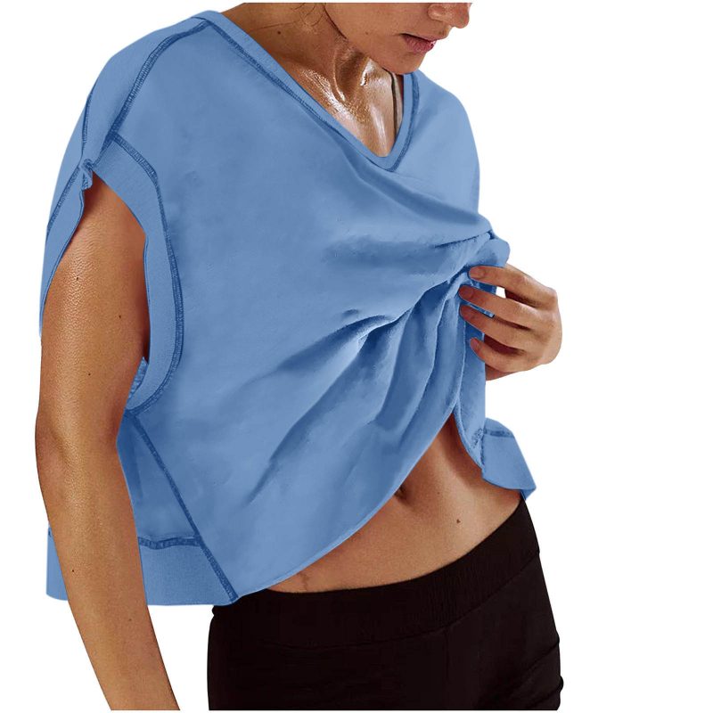 Ženska majica s V-izrezom, ležernog kroja, kratki rukavi, jednobojna, konopno-spandeks smjesa 50-70% konoplje, spandex do 30%