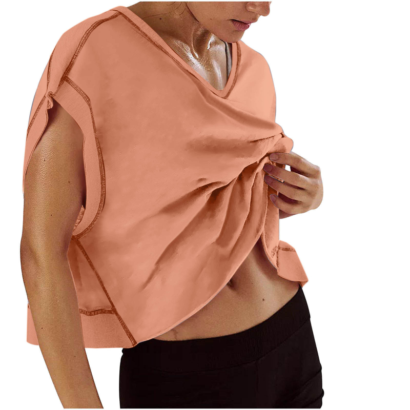 Ženska majica s V-izrezom, ležernog kroja, kratki rukavi, jednobojna, konopno-spandeks smjesa 50-70% konoplje, spandex do 30%