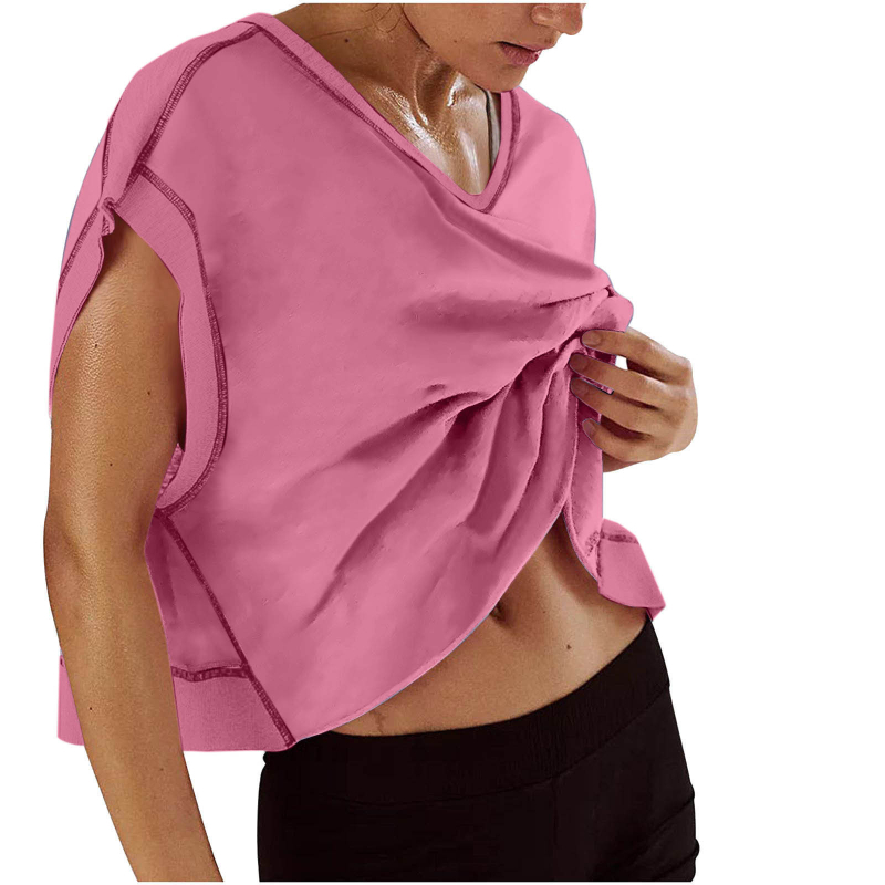 Ženska majica s V-izrezom, ležernog kroja, kratki rukavi, jednobojna, konopno-spandeks smjesa 50-70% konoplje, spandex do 30%