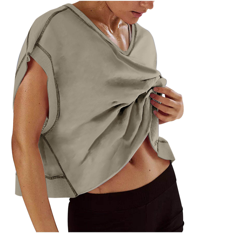 Ženska majica s V-izrezom, ležernog kroja, kratki rukavi, jednobojna, konopno-spandeks smjesa 50-70% konoplje, spandex do 30%