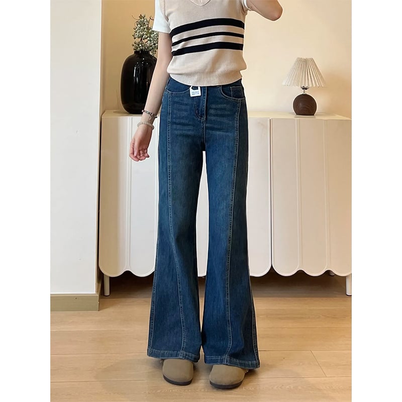 Дънки от деним с разширяващи се крачоли, еластични, силует круша, средна дължина