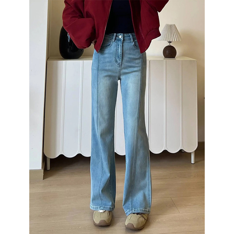 Дънки от деним с разширяващи се крачоли, еластични, силует круша, средна дължина