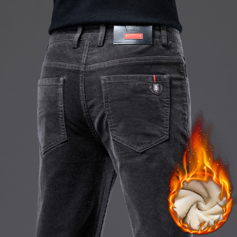 Muške hlače od corduroya, srednji struk, zatvarač, debela pamukova smjesa, mikro-elastičnost, tapered, casual