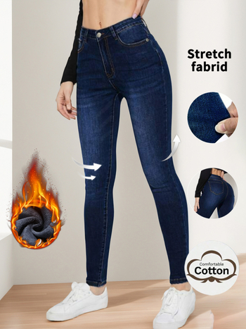 Jeanși skinny din denim pentru femei, căptușeală de fleece, talie medie, 50–70% bumbac / <30% poliester, toamna 2025