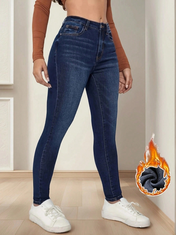 Jeanși skinny din denim pentru femei, căptușeală de fleece, talie medie, 50–70% bumbac / <30% poliester, toamna 2025