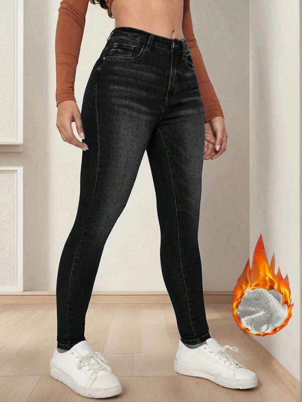 Jeanși skinny din denim pentru femei, căptușeală de fleece, talie medie, 50–70% bumbac / <30% poliester, toamna 2025