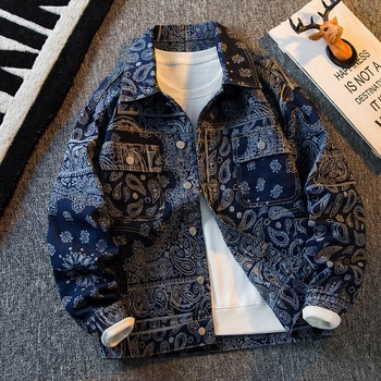 Muška jakna od denima i pamuka s etničkim motivom Cashew Flower, Slim fit, rever s jacquard detalje, ležerni stil