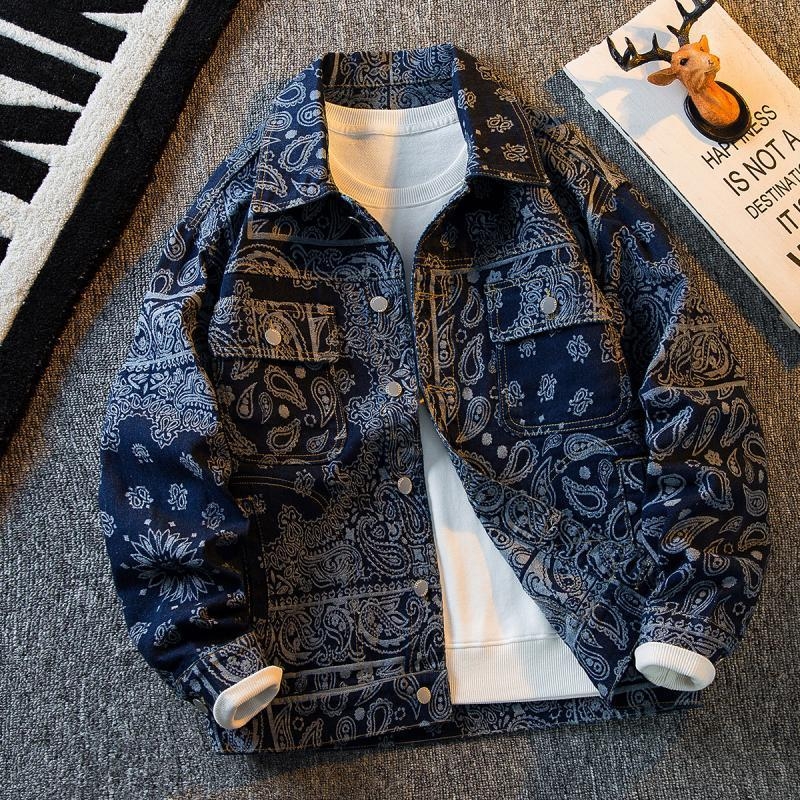 Muška jakna od denima i pamuka s etničkim motivom Cashew Flower, Slim fit, rever s jacquard detalje, ležerni stil