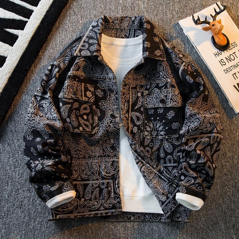 Muška jakna od denima i pamuka s etničkim motivom Cashew Flower, Slim fit, rever s jacquard detalje, ležerni stil