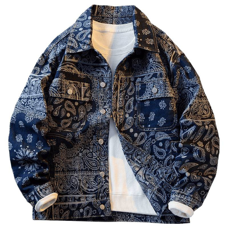 Muška jakna od denima i pamuka s etničkim motivom Cashew Flower, Slim fit, rever s jacquard detalje, ležerni stil