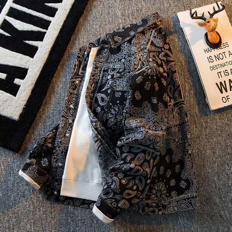 Muška jakna od denima i pamuka s etničkim motivom Cashew Flower, Slim fit, rever s jacquard detalje, ležerni stil