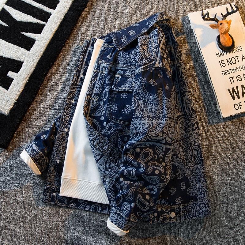 Muška jakna od denima i pamuka s etničkim motivom Cashew Flower, Slim fit, rever s jacquard detalje, ležerni stil