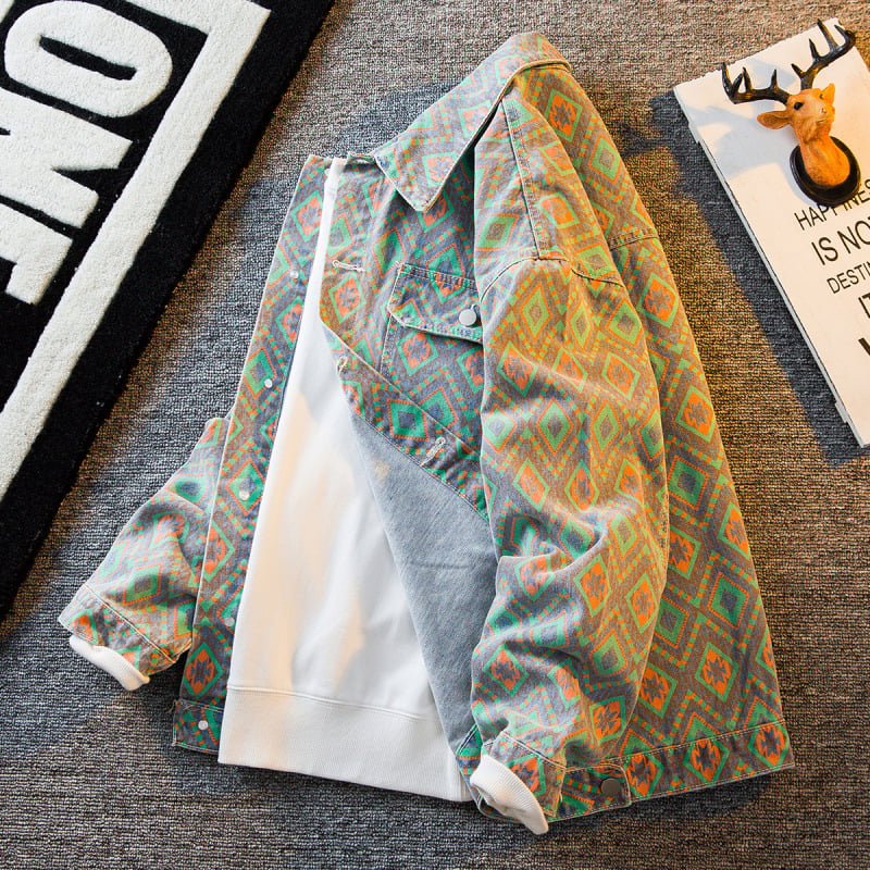 Muška jakna od denima i pamuka s etničkim motivom Cashew Flower, Slim fit, rever s jacquard detalje, ležerni stil