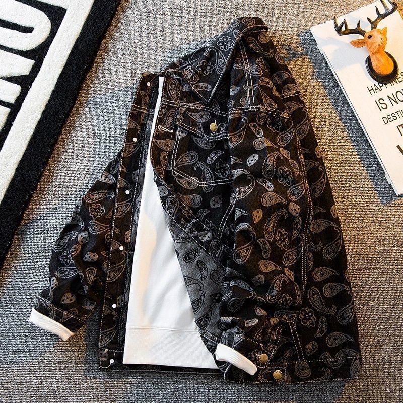 Muška jakna od denima i pamuka s etničkim motivom Cashew Flower, Slim fit, rever s jacquard detalje, ležerni stil