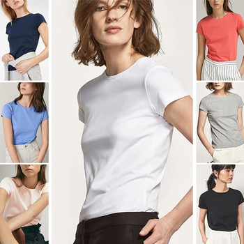 Ženski pamukasti T-shirt, uskog kroja, kratkih rukava, okrugli izrez, 90–95% pamuka