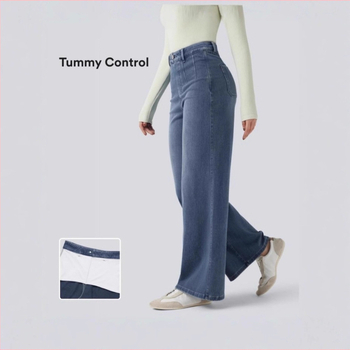 Дънкови панталони с висока талия, свободна кройка; деним памук + полиестер; стил елегантно градско облекло за работа