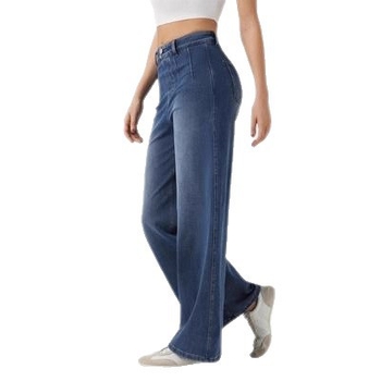 Дънкови панталони с висока талия, свободна кройка; деним памук + полиестер; стил елегантно градско облекло за работа