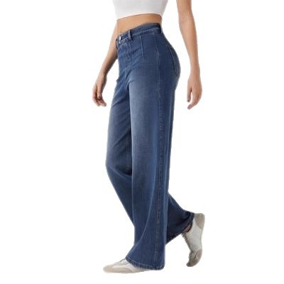 Дънкови панталони с висока талия, свободна кройка; деним памук + полиестер; стил елегантно градско облекло за работа