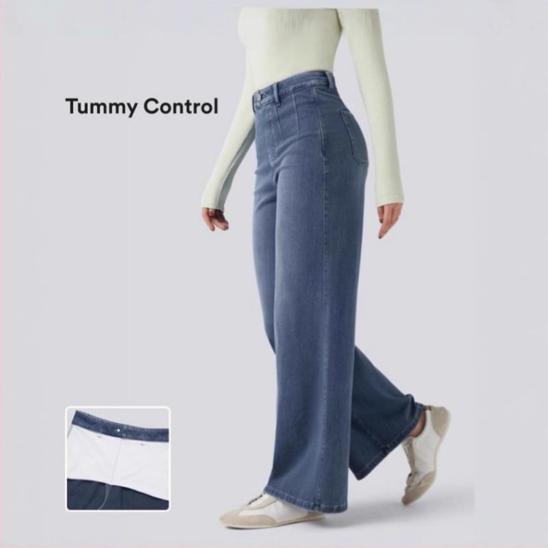 Дънкови панталони с висока талия, свободна кройка; деним памук + полиестер; стил елегантно градско облекло за работа