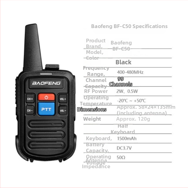 Baofeng BF-C50 Walkie-Talkie – Vonkajšie vysoko výkonné interkomové zariadenie, dosah 1,5–3 km, Li-Ion batéria 1500 mAh, odolné voči pádu