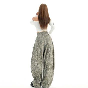 Дамски дънки с широки крачоли, висока талия, леопардов принт, дълги до пода, есенно-зимна колекция 2025