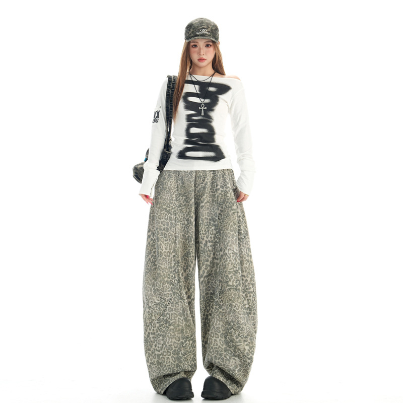 Дамски дънки с широки крачоли, висока талия, леопардов принт, дълги до пода, есенно-зимна колекция 2025