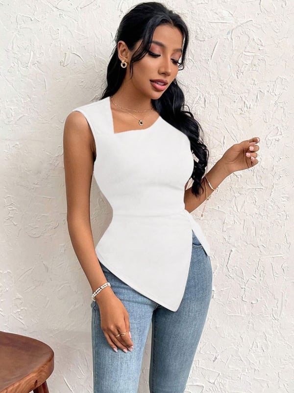 Ujjatlan felső ferde galléval, elegáns stílus, karcsú szabás, egyszínű mintázat, poliészter anyag