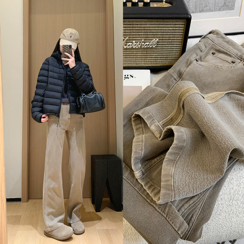 Női egyenes szabású farmer – fleece belsővel, magas derekú, pamut-poliészter keverék, vastag téli