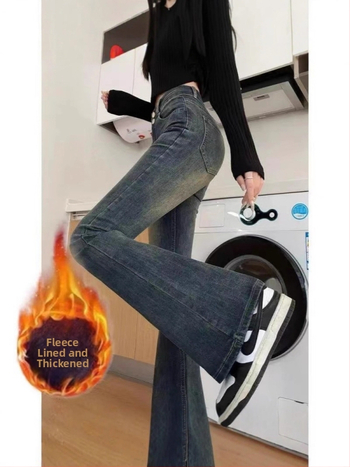 Дънки с висока талия и разкроен силует, деним с 50-70% памук и 30-50% полиестер, микроеластични, подплатени с флис, удебелени, зима 2025