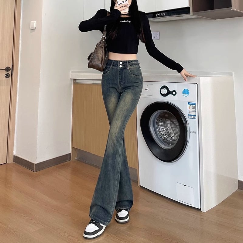 Дънки с висока талия и разкроен силует, деним с 50-70% памук и 30-50% полиестер, микроеластични, подплатени с флис, удебелени, зима 2025