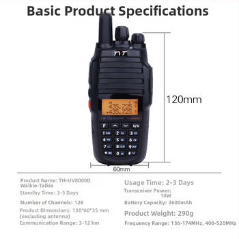 TYT TH-UV8000D vonkajšie analógové walkie-talkie s vysokým výkonom, duálny displej, 128 kanálov, 10W výstup, Li-ion batéria 2200 mAh