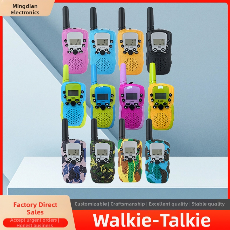 Παιδικό Walkie-Talkie T-388, εκπαιδευτικό και διασκεδαστικό παιχνίδι με ασύρματη επικοινωνία, αλληλεπίδραση γονέα-παιδιού; εμβέλεια 1.5–3 χλμ, ισχύς 0.5W, κανάλια 8–22, NiMH 300 mAh μπαταρία, οθόνη