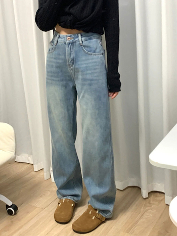 Traperice s flis podstavom, ravni kroj, visoki struk, pamuk-denim, permanganat završna obrada