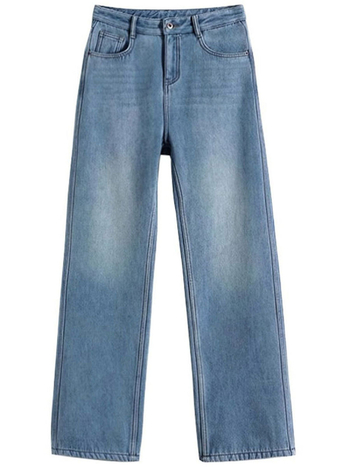 Traperice s flis podstavom, ravni kroj, visoki struk, pamuk-denim, permanganat završna obrada