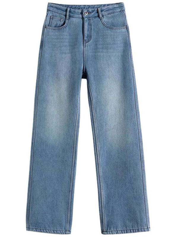 Traperice s flis podstavom, ravni kroj, visoki struk, pamuk-denim, permanganat završna obrada