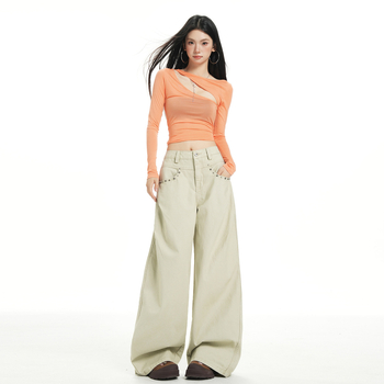 Traperice s perlicama, američki retro stil, široke nogavice, visokim strukom, duljina do poda, pamuk denim