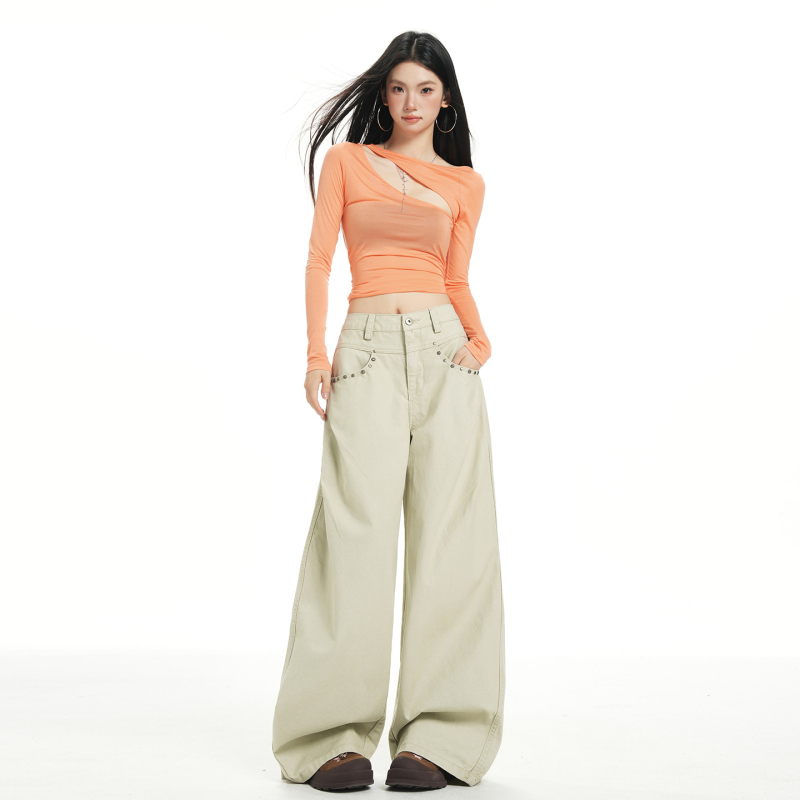 Traperice s perlicama, američki retro stil, široke nogavice, visokim strukom, duljina do poda, pamuk denim