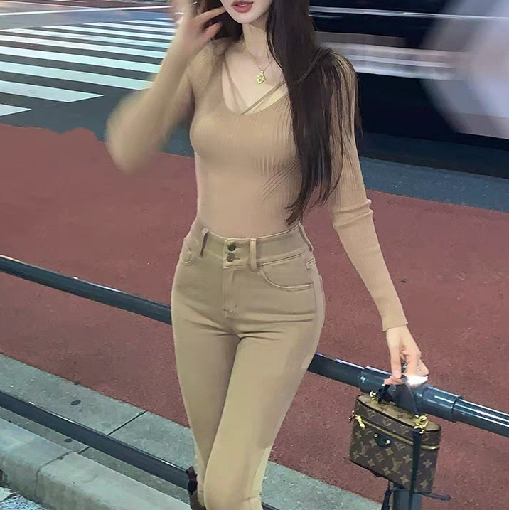 женски дънки с висока талия, подплатени с флис, деним, еластични, клин панталон