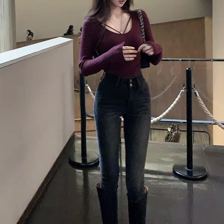 женски дънки с висока талия, подплатени с флис, деним, еластични, клин панталон