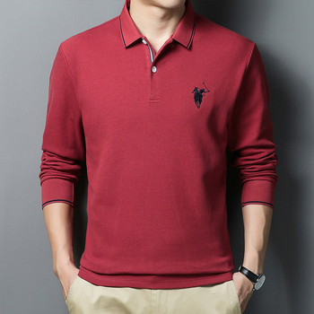 Férfi hosszú ujjú pamut polo inget, gallér típusú lapel, hímzett logó, vasalásmentes felület