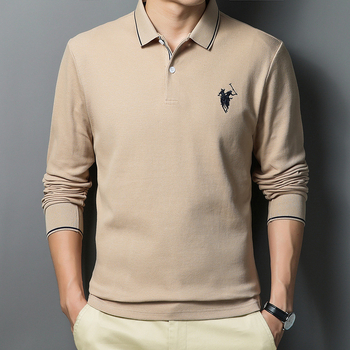 Férfi hosszú ujjú pamut polo inget, gallér típusú lapel, hímzett logó, vasalásmentes felület