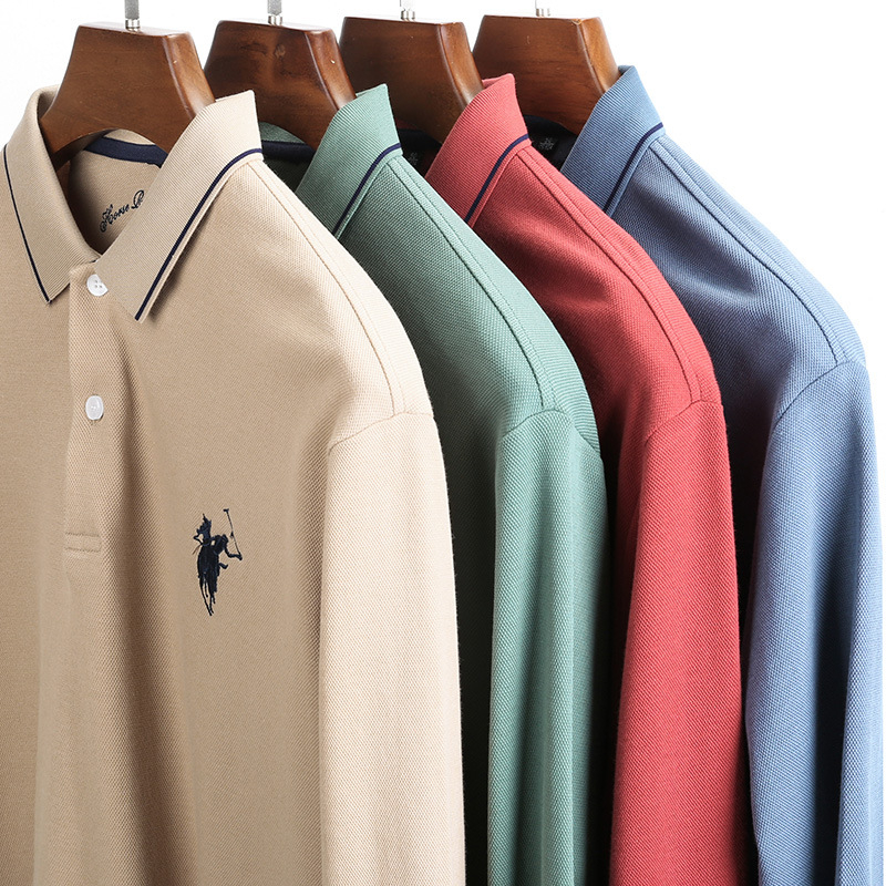 Férfi hosszú ujjú pamut polo inget, gallér típusú lapel, hímzett logó, vasalásmentes felület