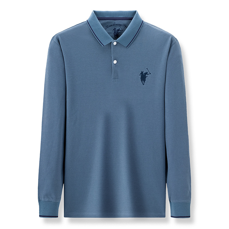 Férfi hosszú ujjú pamut polo inget, gallér típusú lapel, hímzett logó, vasalásmentes felület
