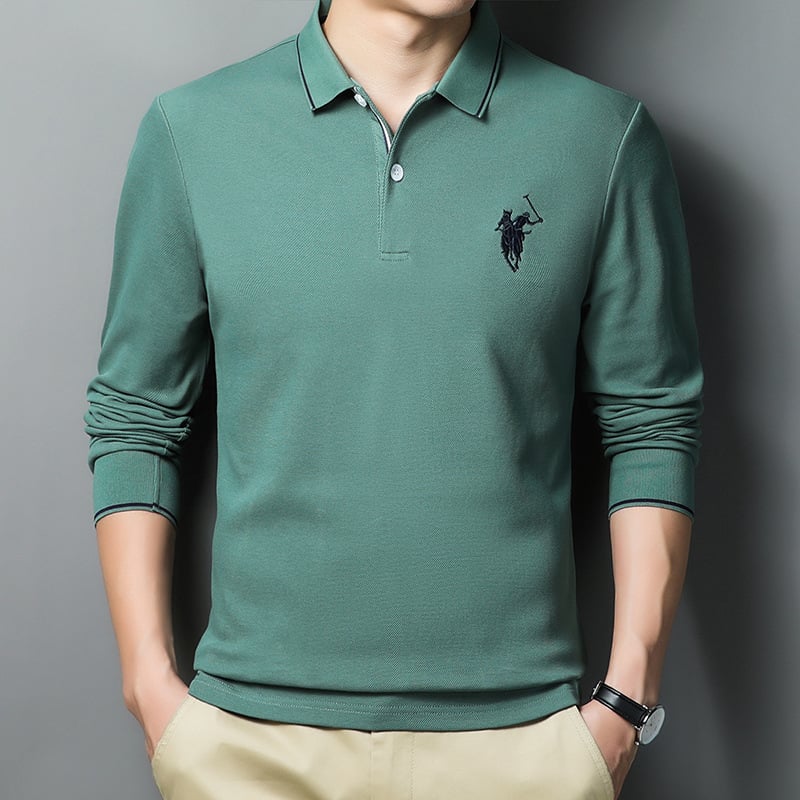 Férfi hosszú ujjú pamut polo inget, gallér típusú lapel, hímzett logó, vasalásmentes felület