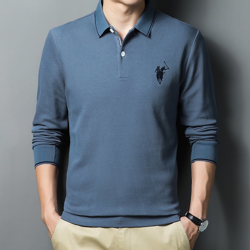 Férfi hosszú ujjú pamut polo inget, gallér típusú lapel, hímzett logó, vasalásmentes felület