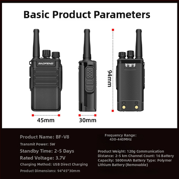 Baofeng BF-V8 mini ručný rádiový vysielač, vysoký výkon, 400-470 MHz, 5W, 16 kanálov, 5800 mAh, vodeodolný
