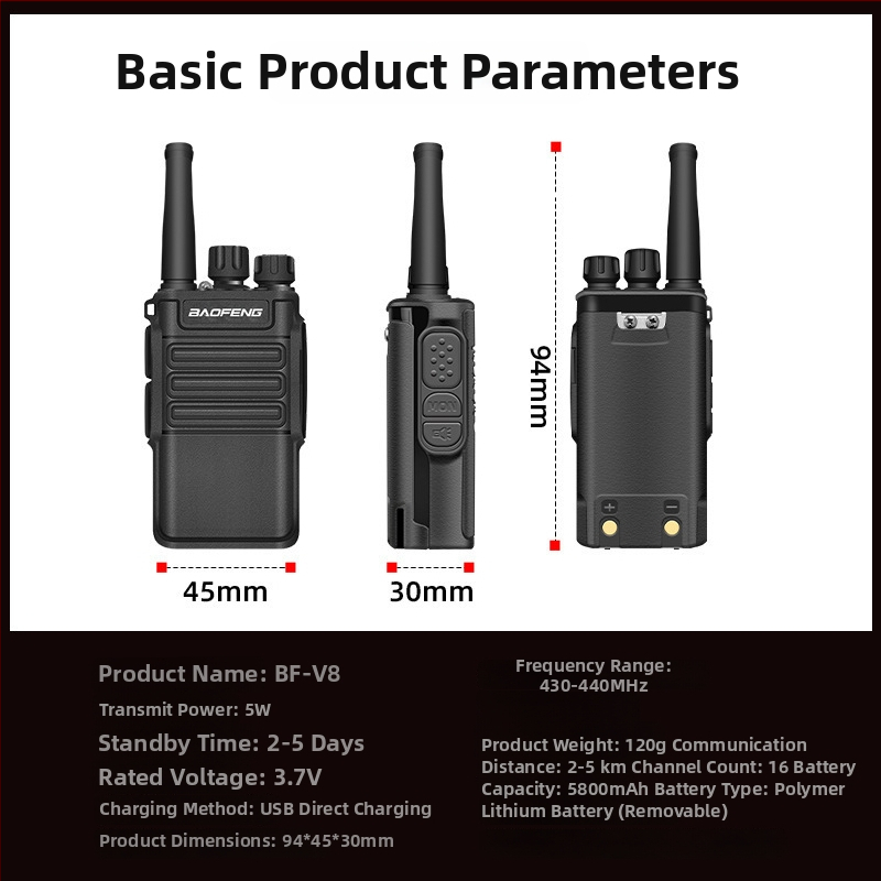 Baofeng BF-V8 mini ručný rádiový vysielač, vysoký výkon, 400-470 MHz, 5W, 16 kanálov, 5800 mAh, vodeodolný